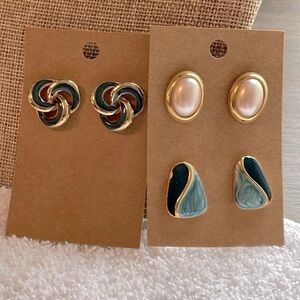 💐5/25 3 pair vintage retro 1990 1980 faux pearl enamel swirl gold tone